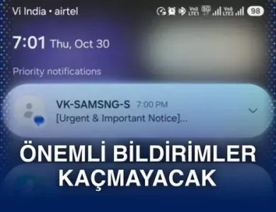 Samsung telefonların "önemli bildirim" özelliğinden ilk ekran görüntüsü geldi